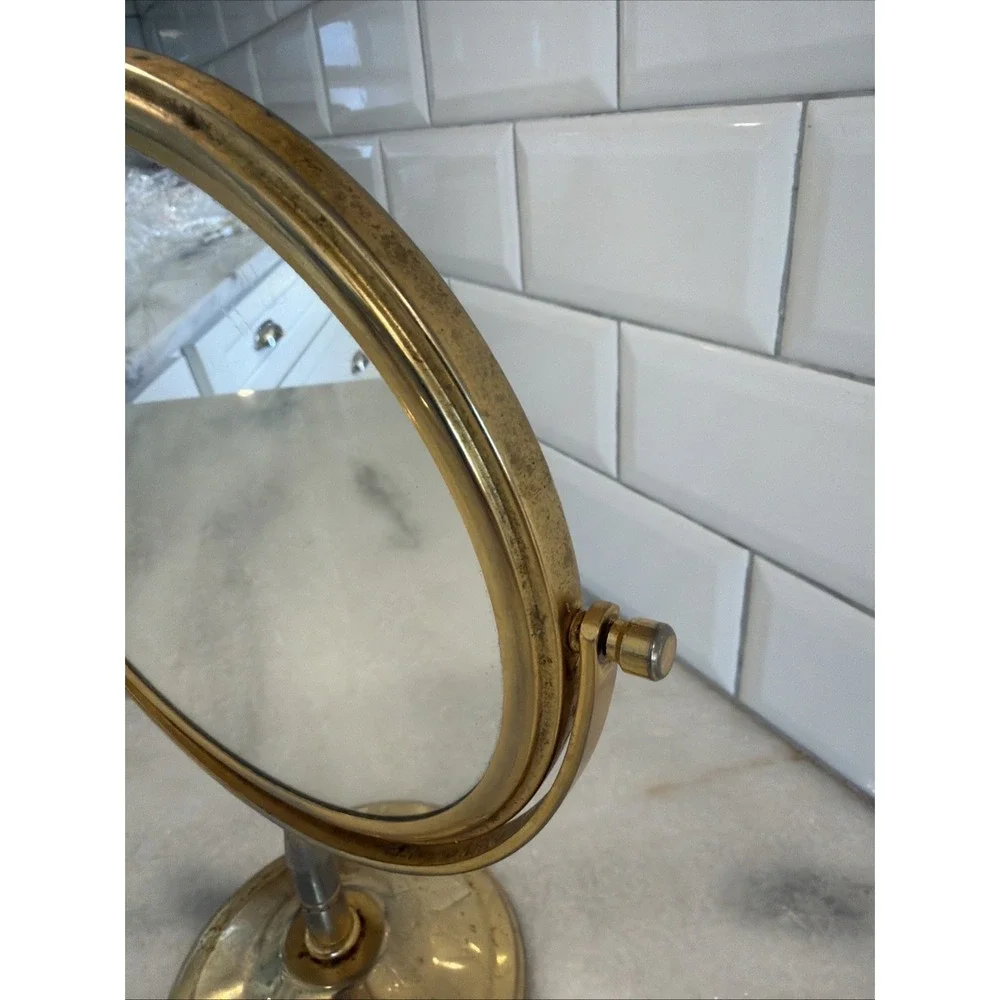 Vintage Shabby Brass Tone Vanity Double Mirror Round Magnification Side ES008